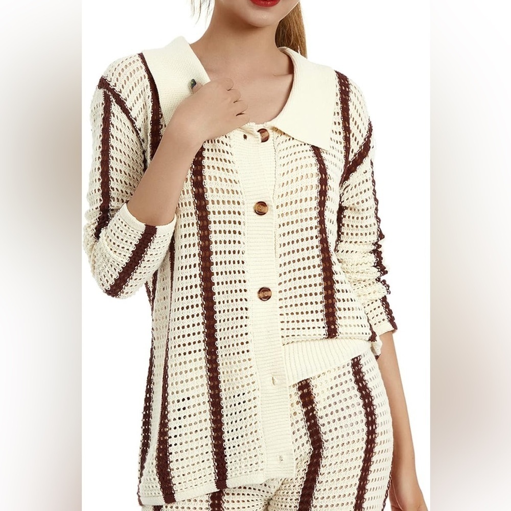 Women’s Knitted Cardigan Long Sleeve Button Up Crochet Striped Cardigan Sweater - Picture 2 of 10
